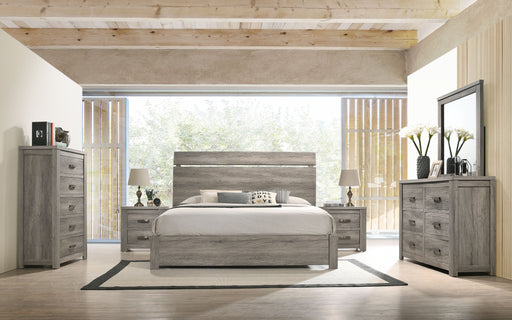 Floren Contemporary Weathered Gray Wood Bedroom Set, Queen Panel Bed, Dresser, Mirror, Two Nightstands, Chest