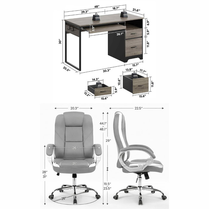 Gray 48Inch Ergonomic Office Desk PremiumStorage Chair