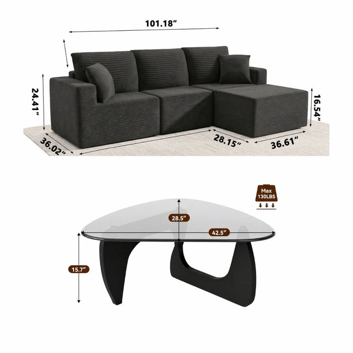 Modern Black L-Shaped Cloud Sectional Sofa with Glass Coffee Table Living Room Set