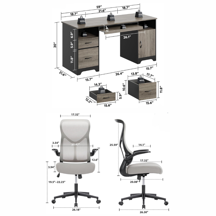 59" Executive Desk with Storage & Keyboard Tray + Ergonomic Mesh Office Chair Set, Gray