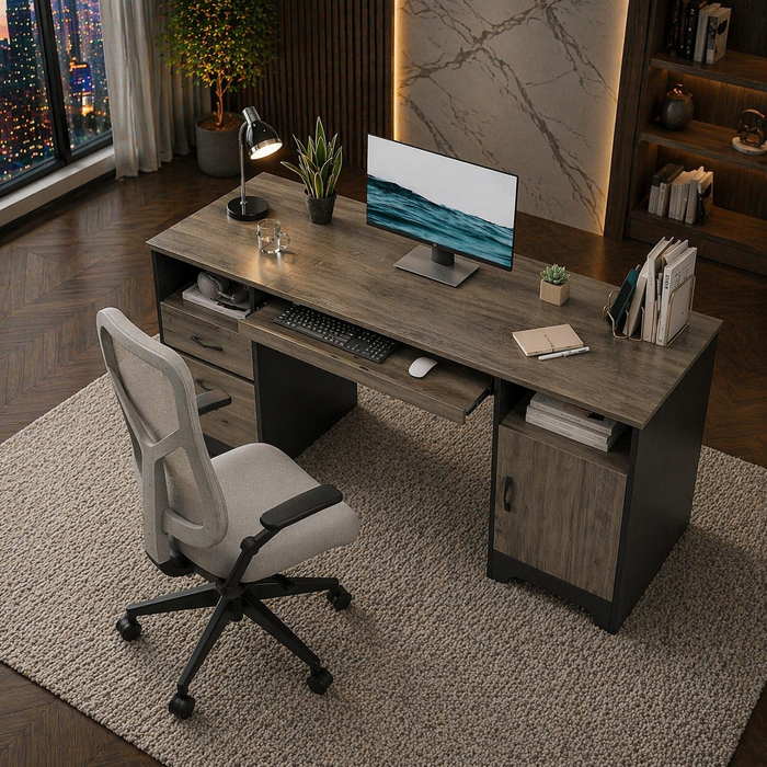 59" Executive Desk with Storage & Keyboard Tray + Ergonomic Mesh Office Chair Set, Gray