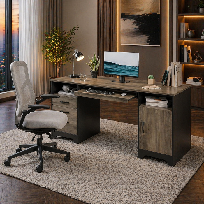 59" Executive Desk with Storage & Keyboard Tray + Ergonomic Mesh Office Chair Set, Gray