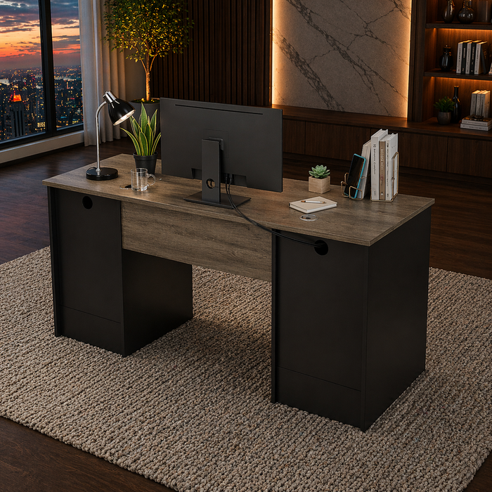 59" Executive Desk with Storage & Keyboard Tray + Ergonomic Mesh Office Chair Set, Gray