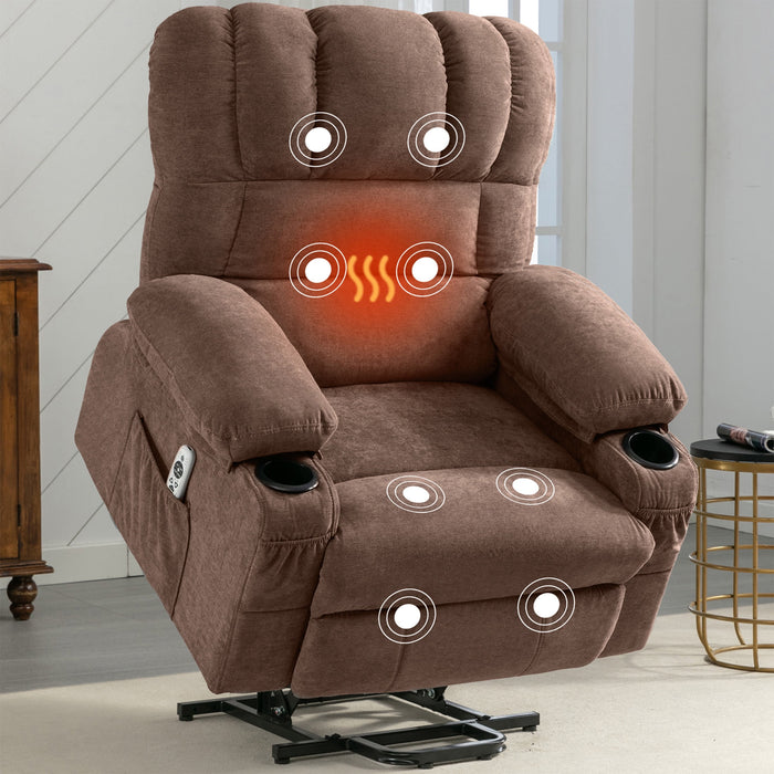 Power Lift Recliner Chair for Elderly, Electric Recliners with Heat and Massage, USB Charge Port, Cup Holders, Infinite Position and Side Pockets, Fabric Single Sofa for Living Room, Brown