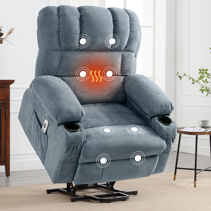 Power Lift Recliner Chair for Elderly, Electric Recliners with Heat and Massage, USB Charge Port, Cup Holders, Infinite Position and Side Pockets, Fabric Single Sofa for Living Room, Blue