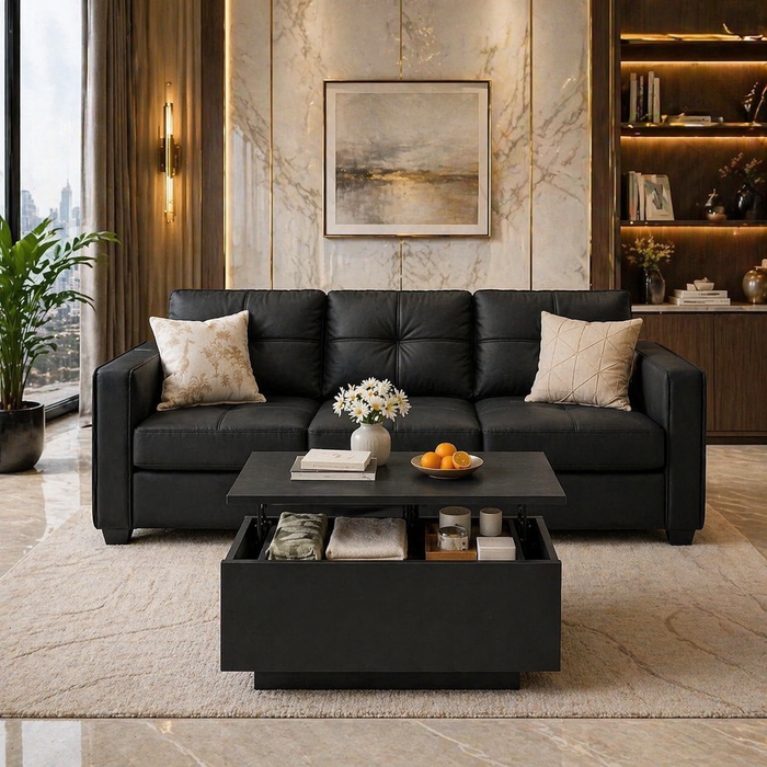 88" Black Faux Leather Sofa with USB Ports & Lift Top Storage Coffee Table Set