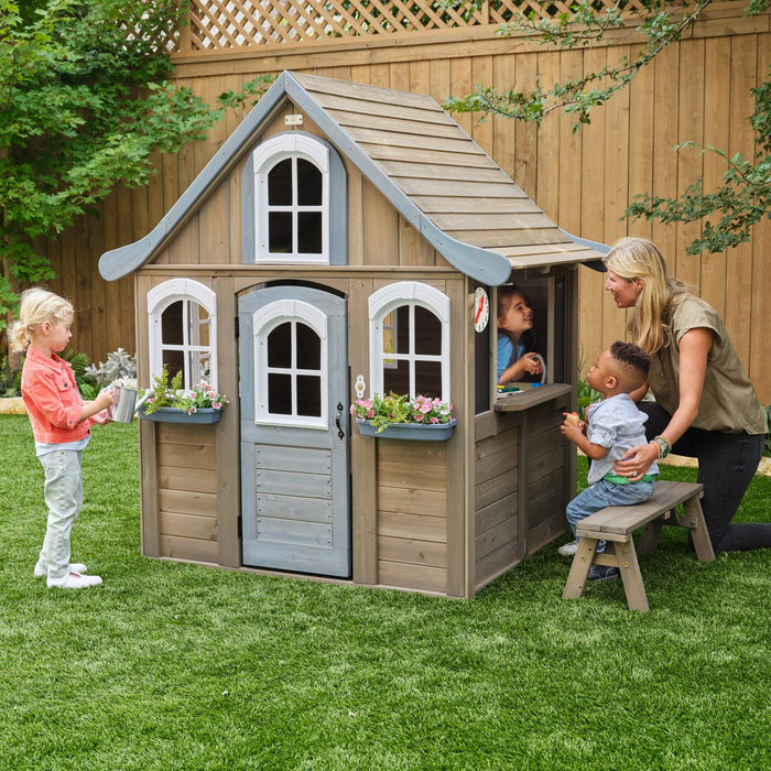 Forestview II Wooden Outdoor Playhouse with Ringing Doorbell, Bench and Kitchen