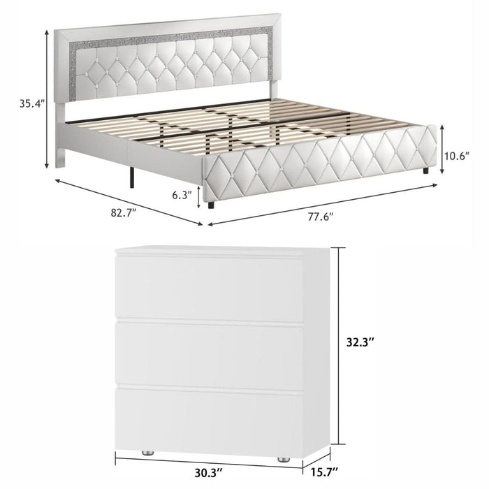 King Faux Leather Platform Bed with Diamond Headboard & 2 White 3-Drawer Nightstands Set