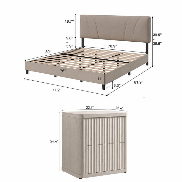 King Upholstered Platform Bed with Adjustable Headboard + 2 Fluted White Alder Nightstands