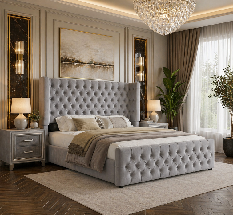 King Platform Bed with Curved Wingback Headboard & 2 Velvet Nightstands Grey Set