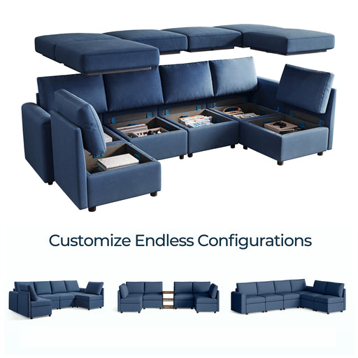 Modular Couches and Sofas Sectional with Storage, 6 Seat Sectional Sofa for Living Room, U Shaped Sectional Couch with Reversible Chaises, Blue