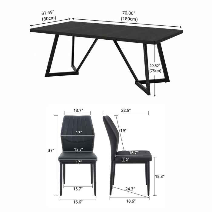 70.86" Black Rectangular Dining Table Set for 6-8 with 6 Upholstered Black Chairs