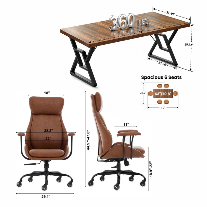 71" Executive Desk & Brown Leather Office Chair Set with Ergonomic High-Back Seat