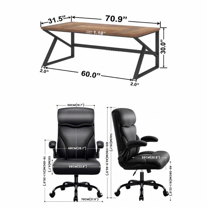 70.8" Double Workstation Desk & Ergonomic Executive Office Chair Set, Rustic Oak