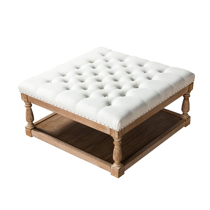 Ivory Tufted Ottoman with Wood Shelf and Storage