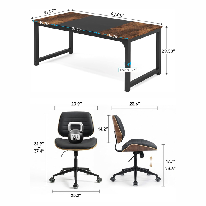 63" Modern Computer Desk & Armless Swivel Office Chair Set, Vintage Black/Walnut Accent