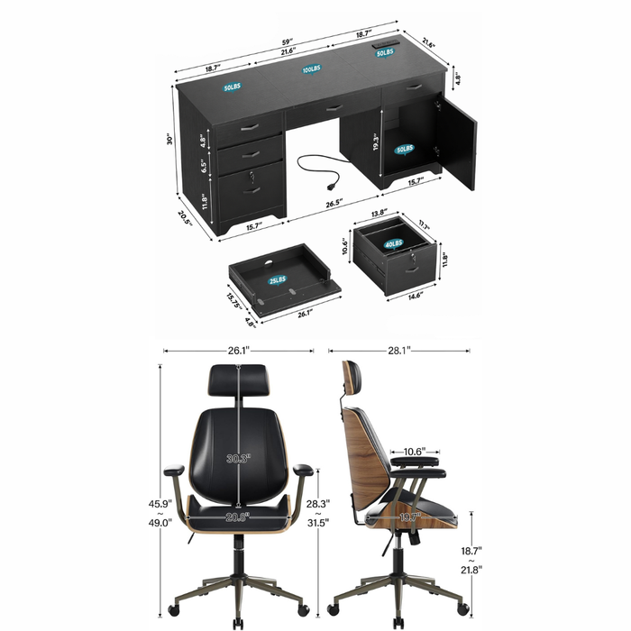 ShipItFurniture 59" Executive Office Desk & Ergonomic Chair Set with Lockable Drawers Black