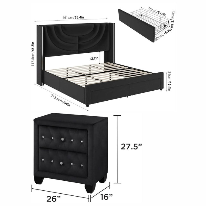 Queen LED Upholstered Bed with 2 Nightstands Bedroom Set Black