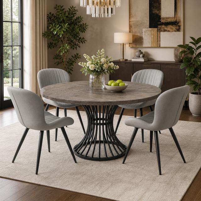 47 Inch Round Farmhouse Dining Table Set for 4-6 with 4 Upholstered Chairs Gray