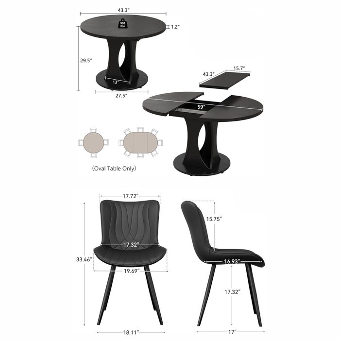 59" Extendable Round Dining Table Set with 6 PU Leather Chairs, Black Dining Room Bundle