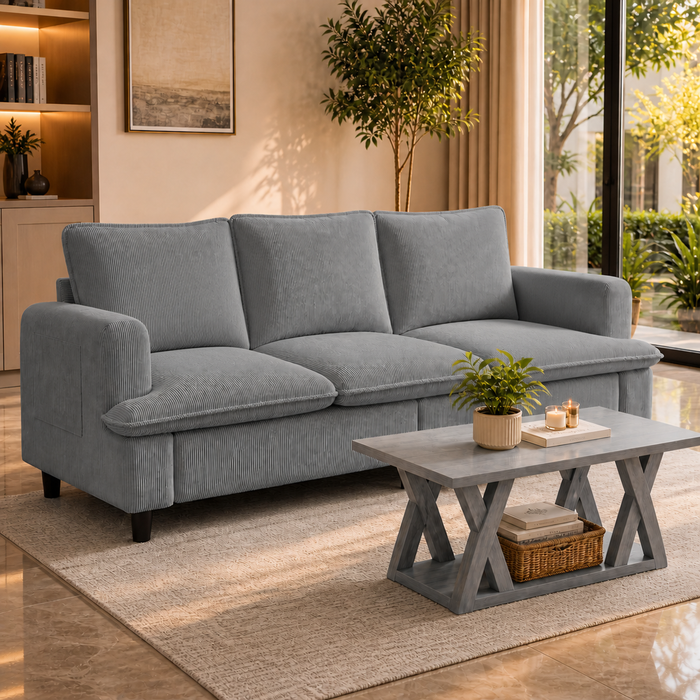 83" Grey 3-Seater Corduroy Sofa with 47" Farmhouse Coffee Table Set