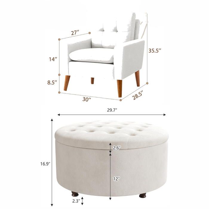 White Upholstered Accent Chair with Round Storage Ottoman Set for Living Room or Bedroom