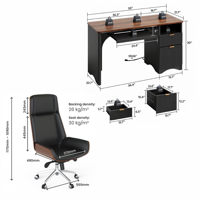 55" Computer Desk with Power Outlet & Keyboard Tray + Executive Swivel Chair Set, Walnut/Black