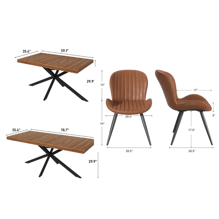 59–78 Inch Extendable Dining Table Set with 6 Upholstered Chairs Brown