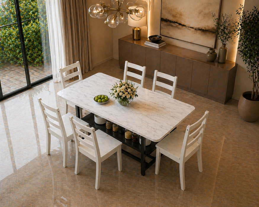 71" Faux Marble Dining Table Set for 6 with Storage Shelf & 6 Ladder Back Chairs White