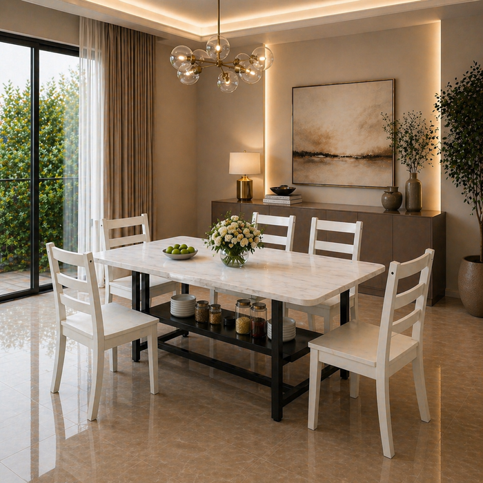 71" Faux Marble Dining Table Set for 6 with Storage Shelf & 6 Ladder Back Chairs White