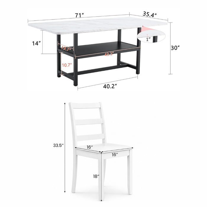 71" Faux Marble Dining Table Set for 6 with Storage Shelf & 6 Ladder Back Chairs White