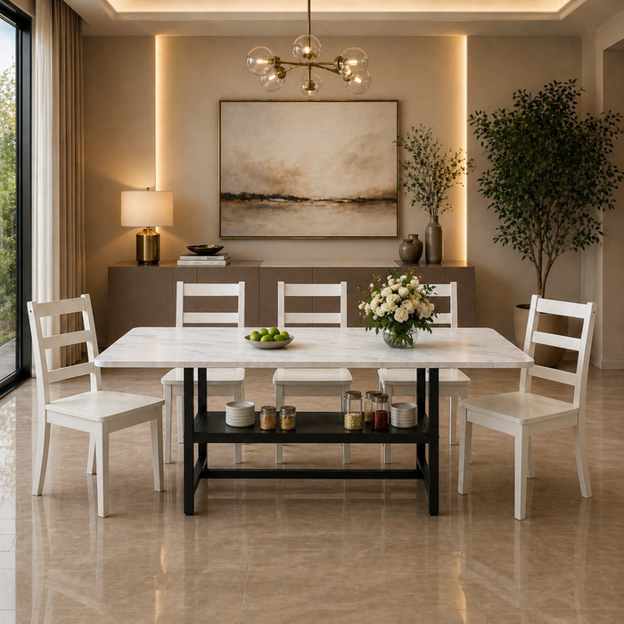 71" Faux Marble Dining Table Set for 6 with Storage Shelf & 6 Ladder Back Chairs White