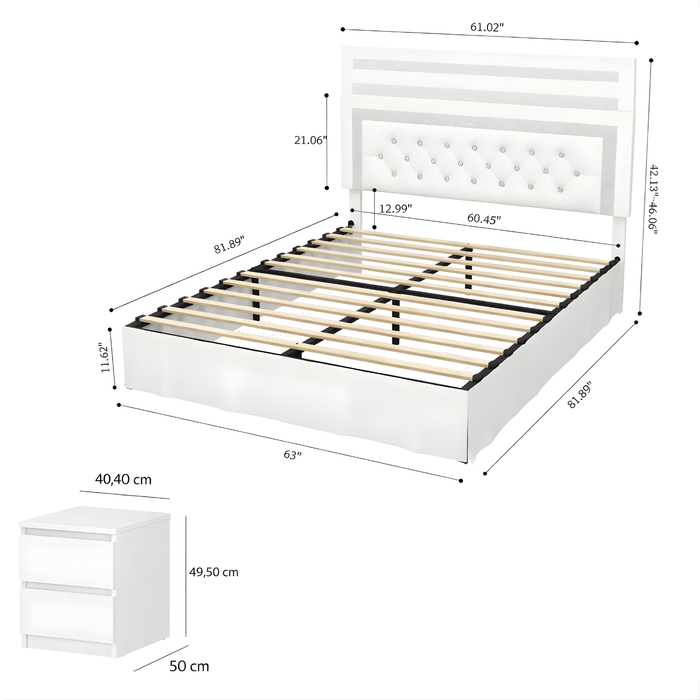 Queen Upholstered LED Platform Bed with 2 Drawer Nightstands White Set