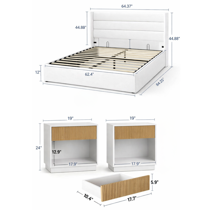 Queen Velvet Hydraulic Storage Bed with 2 Fluted Nightstands – White Oak Set