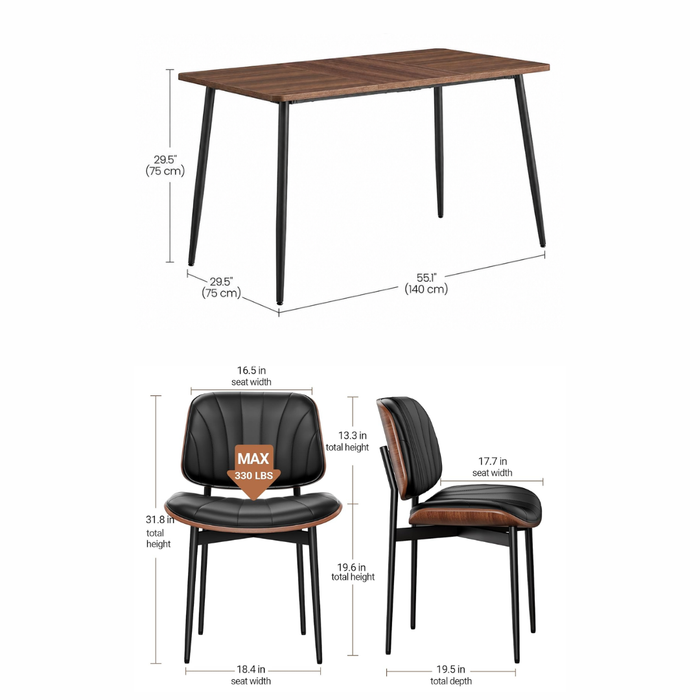 55.1" Modern Farmhouse Dining Table with 4 Upholstered Walnut Back Chairs, 5-Piece Set