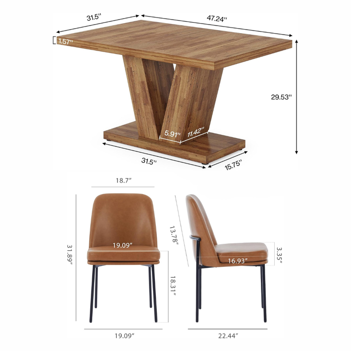 47" Round Walnut Dining Table Set for 4 with 4 Upholstered Brown Dining Chairs
