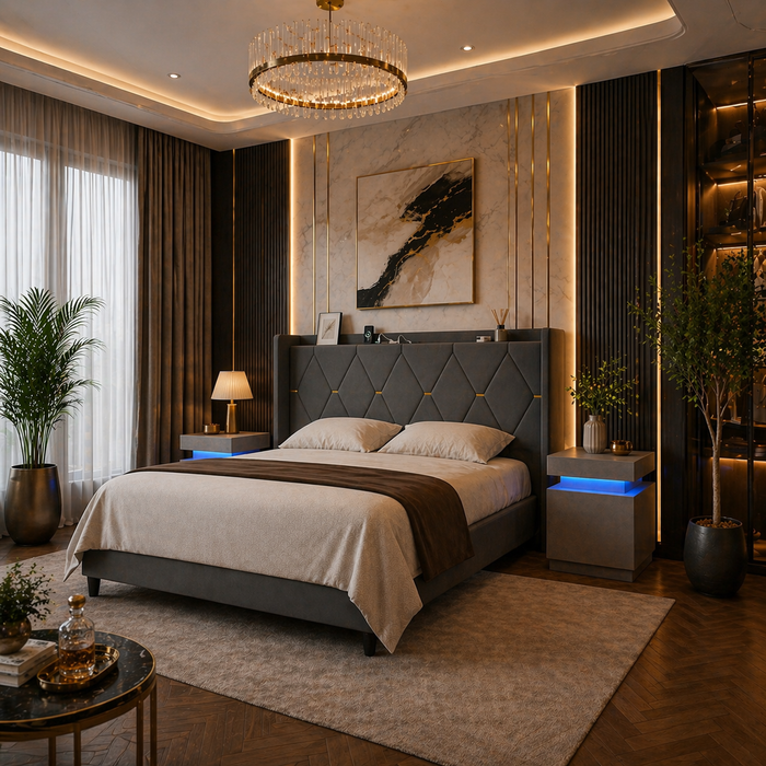 King Velvet Upholstered Bed Frame with Charging Headboard + 2 Grey LED Nightstands Set