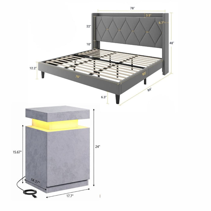 King Velvet Upholstered Bed Frame with Charging Headboard + 2 Grey LED Nightstands Set
