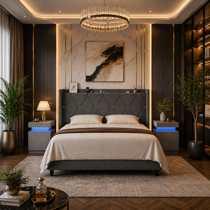 King Velvet Upholstered Bed Frame with Charging Headboard + 2 Grey LED Nightstands Set