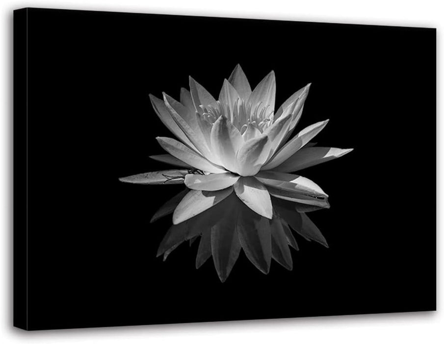 White Lotus Flower Canvas Print Zen Pictures Wall Art Decor Black and White Floral Painting Decor Frame Ready to Hang (Black and White Lotus Flower - 5, 8"X10"(20X25Cm))