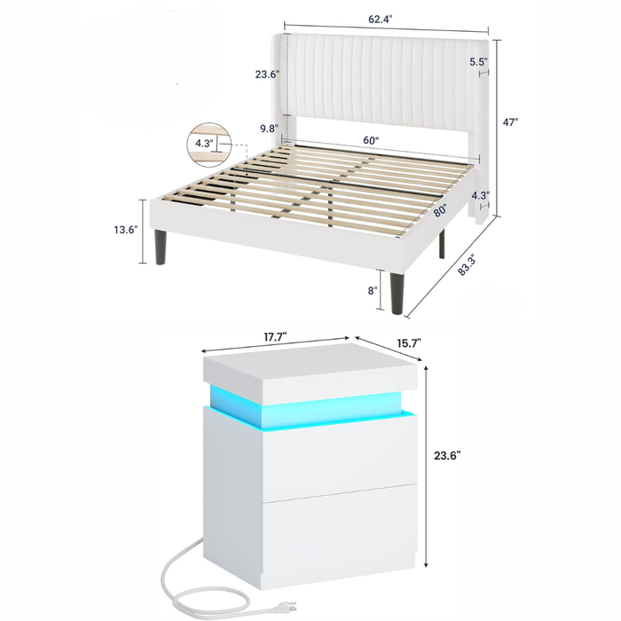 Queen Velvet Wingback Bed with LED Charging Nightstands Set White Upholstered Frame 3 Piece