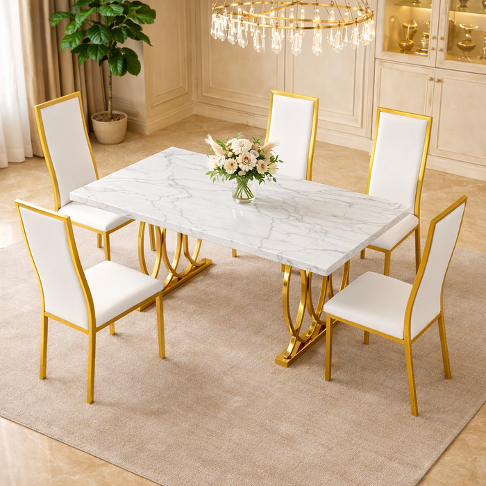 63" Faux Marble Dining Table Set with 4 White Chairs, Gold Metal Base Dining Room Set