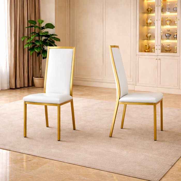63" Faux Marble Dining Table Set with 4 White Chairs, Gold Metal Base Dining Room Set