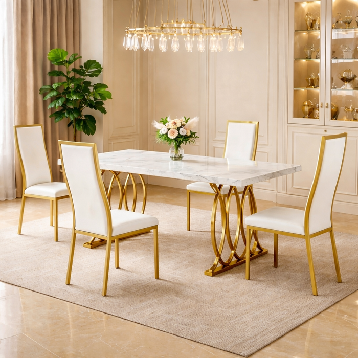 63" Faux Marble Dining Table Set with 4 White Chairs, Gold Metal Base Dining Room Set