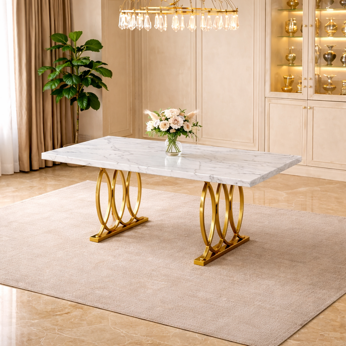63" Faux Marble Dining Table Set with 4 White Chairs, Gold Metal Base Dining Room Set