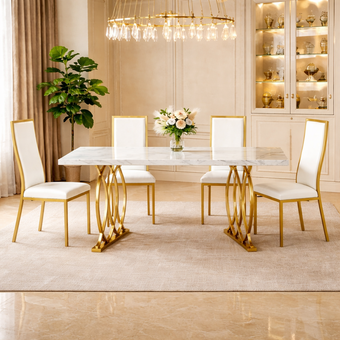 63" Faux Marble Dining Table Set with 4 White Chairs, Gold Metal Base Dining Room Set