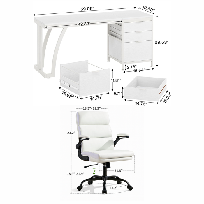 59-Inch Computer Desk With White Space-Saving Chair