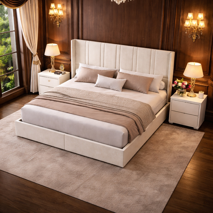 Queen White Wingback Storage Bed with 2 Nightstands Set with Drawers and Channel Tufted Headboard