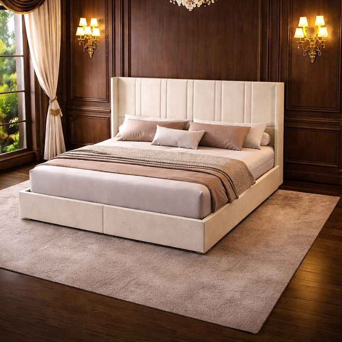 Queen White Wingback Storage Bed with 2 Nightstands Set with Drawers and Channel Tufted Headboard