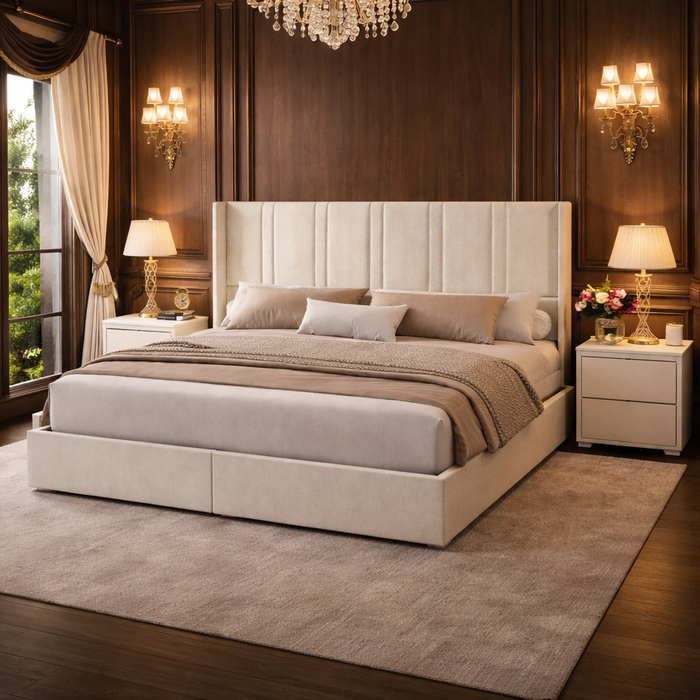 Queen White Wingback Storage Bed with 2 Nightstands Set with Drawers and Channel Tufted Headboard